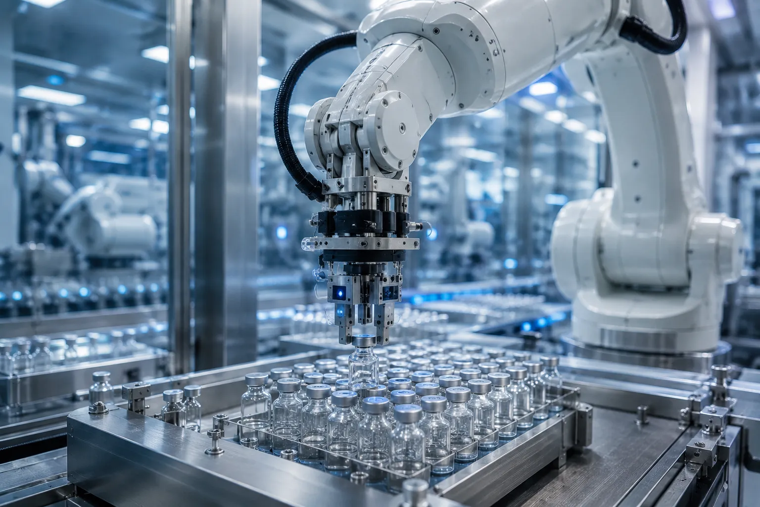 High-speed robotic arm handling glass vaccine vials in a cleanroom