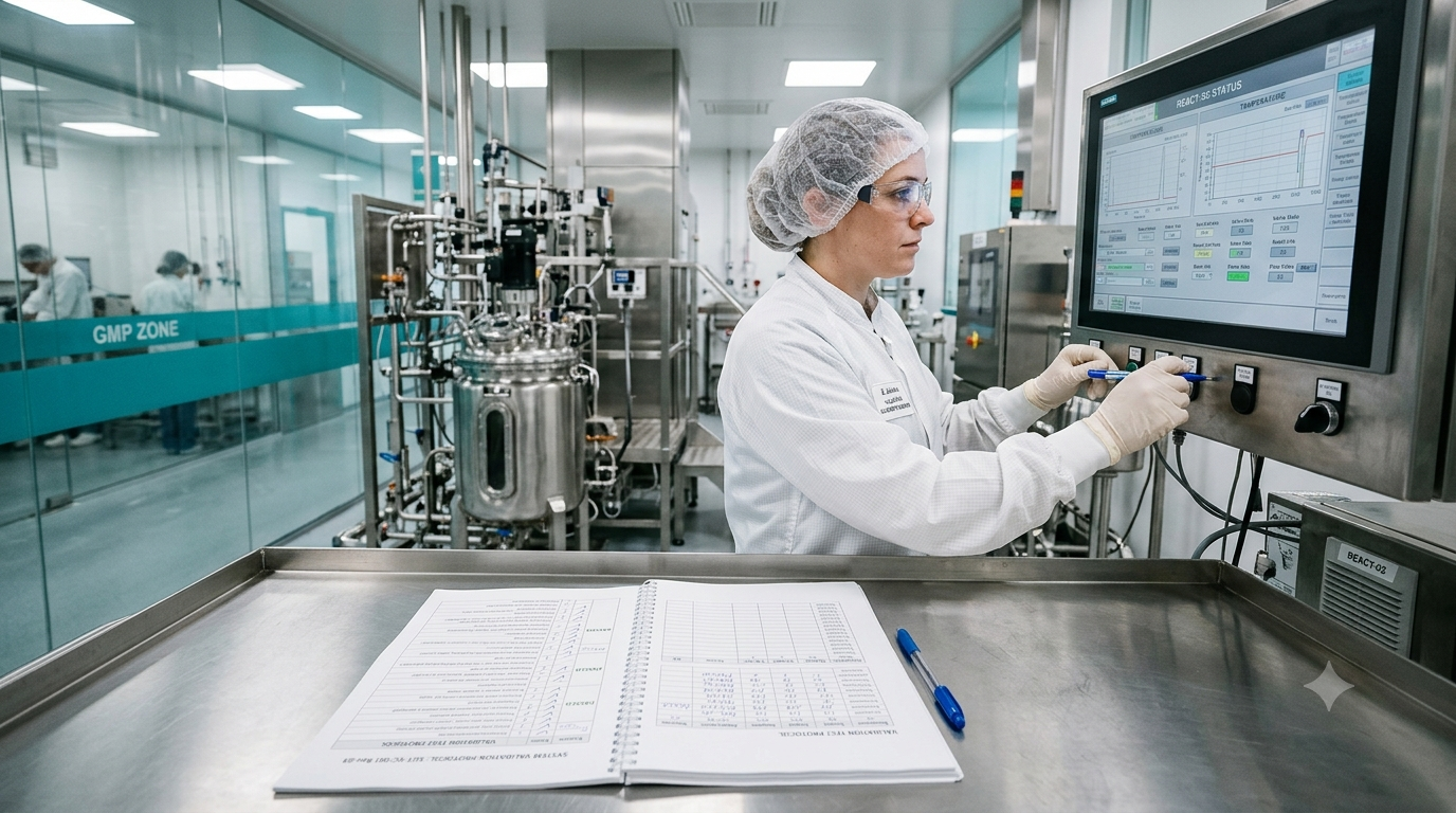 Computer System Validation Process in a GMP pharmaceutical facility, showing an engineer reviewing validation documents beside a computerized manufacturing system.